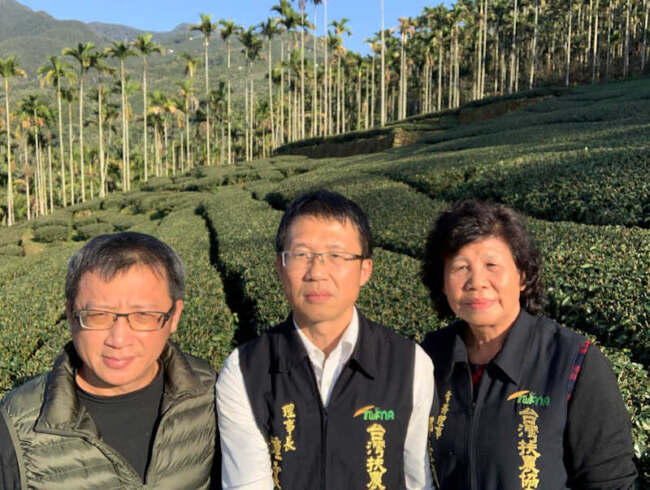 ▲金獅莊園連福製茶朱峰寬(左)在茶園裡向台灣扶農協會理事長鍾震璋(中)及嘉義縣傑出農民協會理事長郭素貞(右)解說茶樹栽植技術及管理。（照片／台灣扶農協會提供）